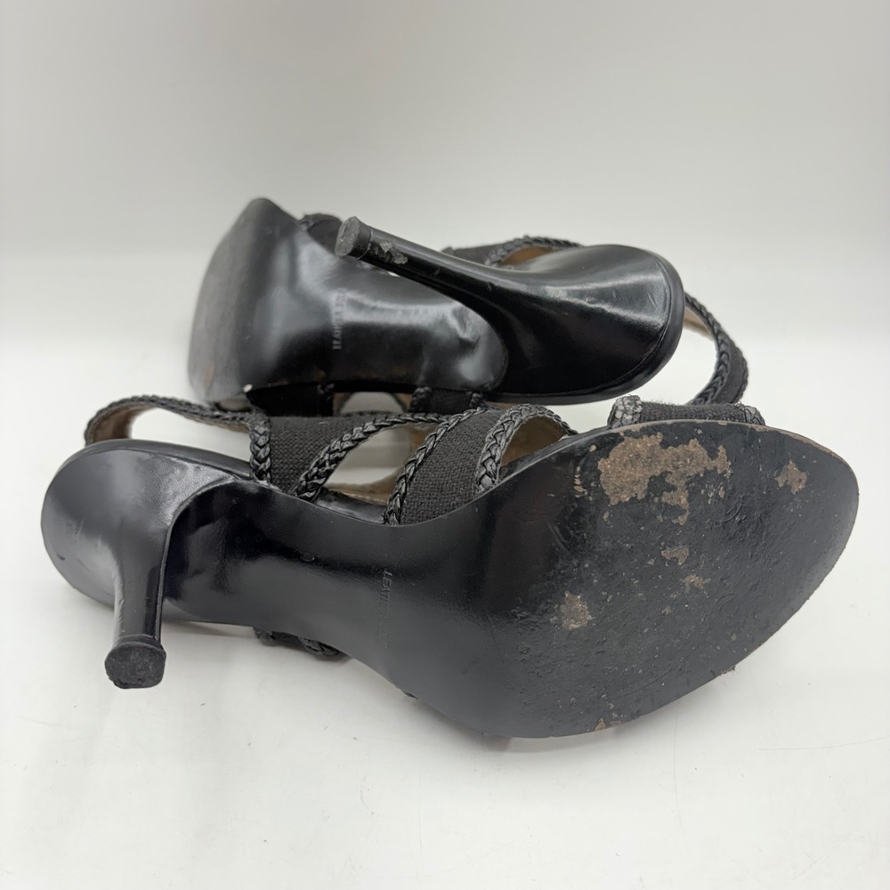 Tahari Lexie Black Canvas Braided Trim Heeled Sandals Size 8.5‎ M Gold Buckle - Picture 12 of 12